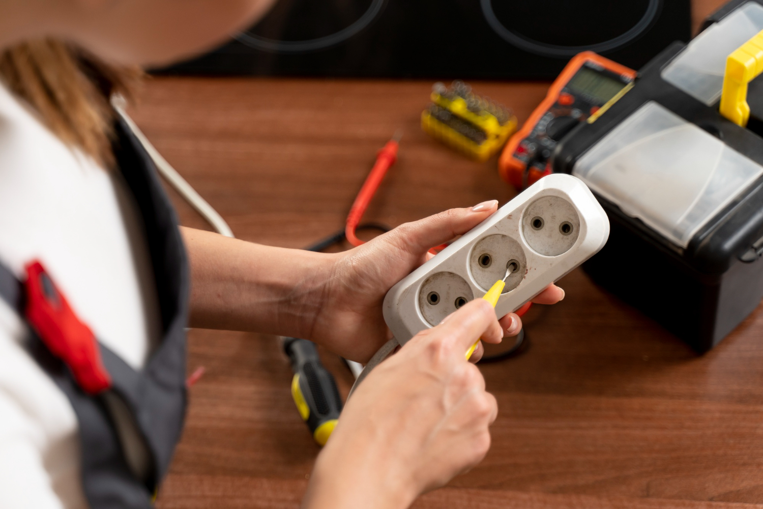 Technicien rl-services réparant une multiprise électrique sur établi, intervention professionnelle dans le Tarn